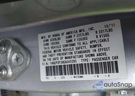 2012 Honda Accord 2.4 Lx z USA, uszkodzony, nr VIN 1HGCP2F38CA043295